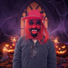 Cadılar Bayramı Kırmızı Kovboy Şapkalı Korkunç Maske – Sakallı Halloween Kostüm Maskesi