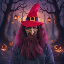 Cadılar Bayramı Korkunç Cadı Maskesi – Kırmızı Şapkalı, Uzun Saçlı ve Gerçekçi Halloween Maskesi