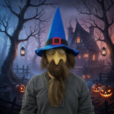 Cadılar Bayramı Mavi Şapkalı Korkunç Cadı Maskesi – Uzun Sakallı Halloween Kostüm Maskesi