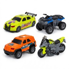 1:20 Ölçekli 4'lü Oyuncak Araç Seti – Jeep, Yarış Arabası, ATV ve Motosiklet